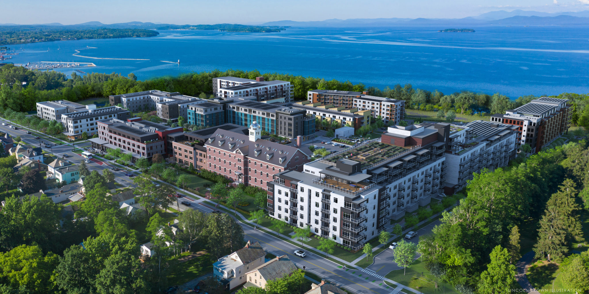 ariel view of Cambrian Rise with Lake Champlain in the background